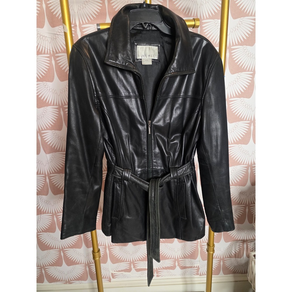 Nine West Black Leather Sz M Belted Zip Up Jacket Womens Trench Style Coat 90s